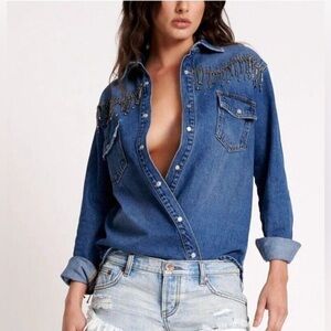 Free People x One Teaspoon Razzle Dazzle Western Denim Shirt Size Medium Fringe